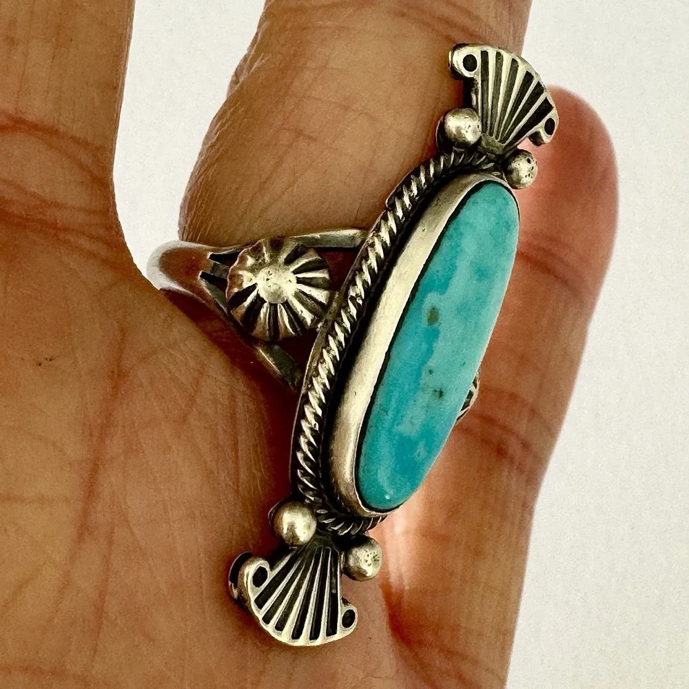 Navajo‎ Turquoise Ring Sz 7 Long Sterling Benally Native American